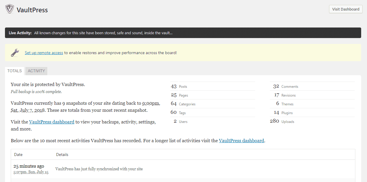 jetpack vaultpress wordpress screen