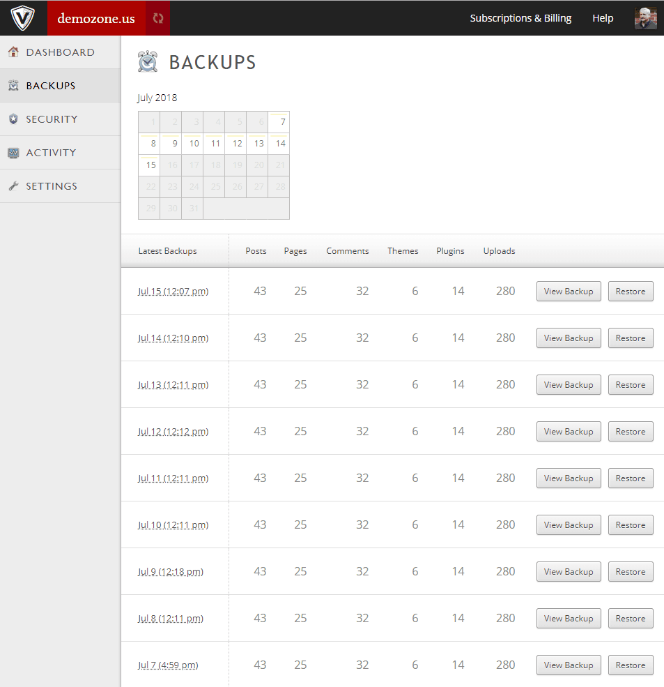 jetpack vaultpress backup screen
