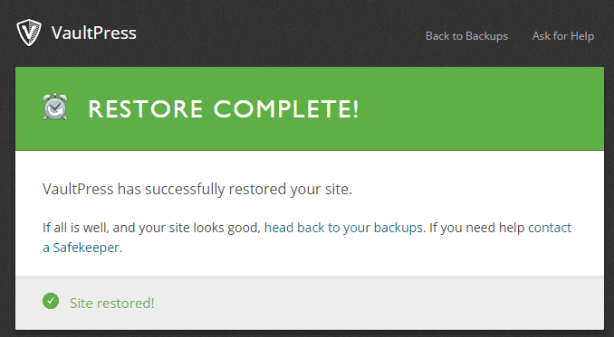 jetpack vaultpress successful restore