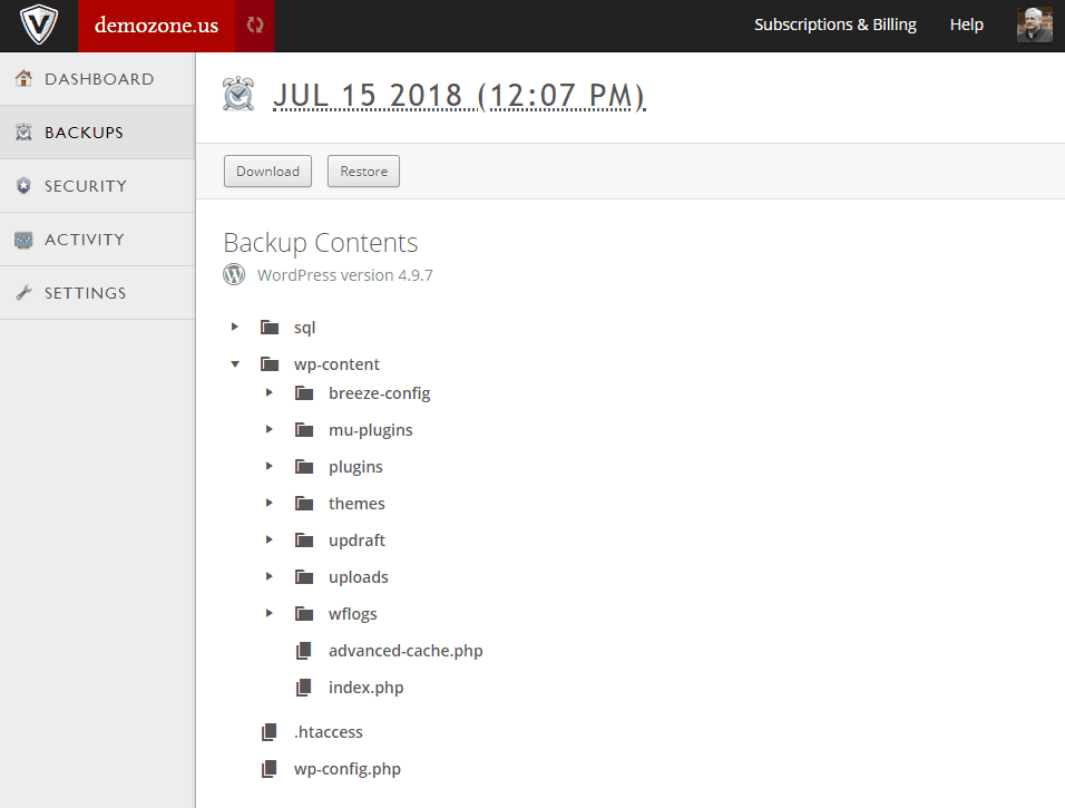 jetpack vaultpress view backup