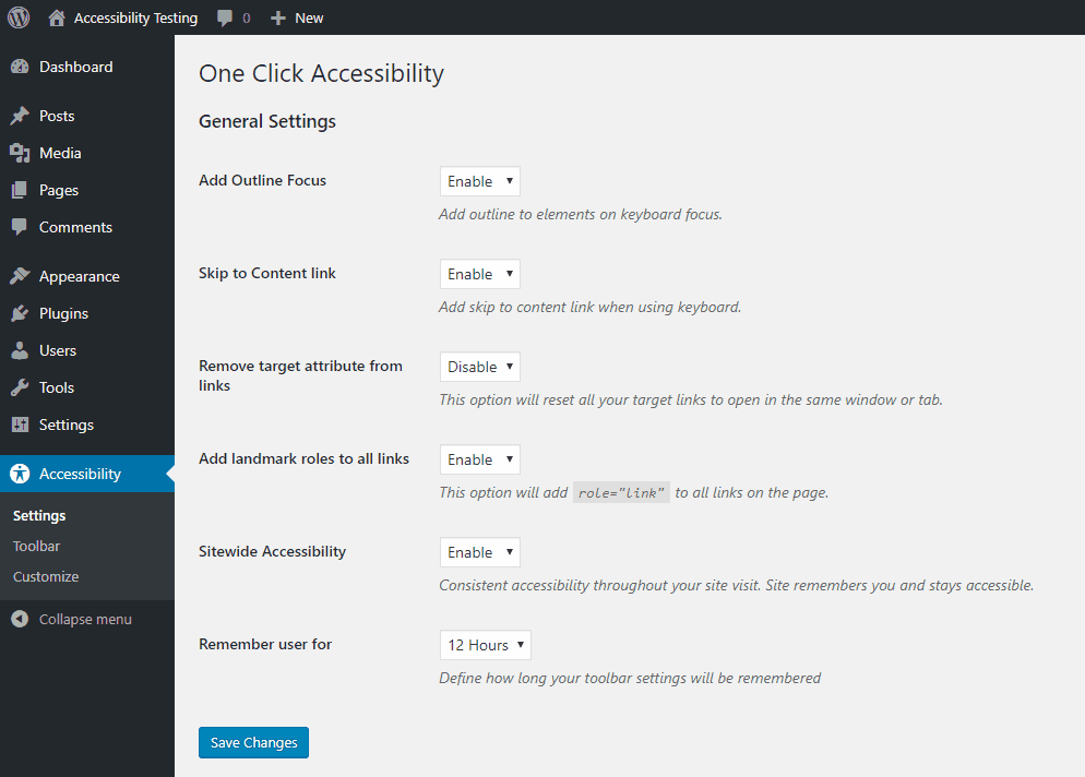 one click accessibility settings menu