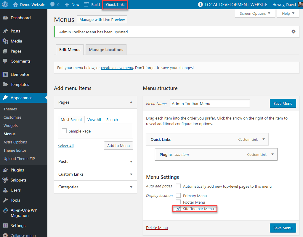 toolbar extras admin menu