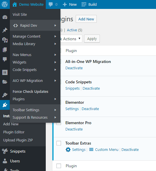 toolbar extras dashboard menu
