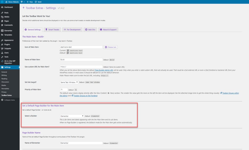 toolbar extras general settings