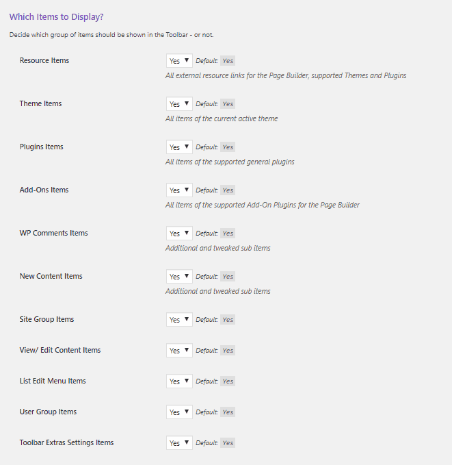 toolbar extras general settings areas