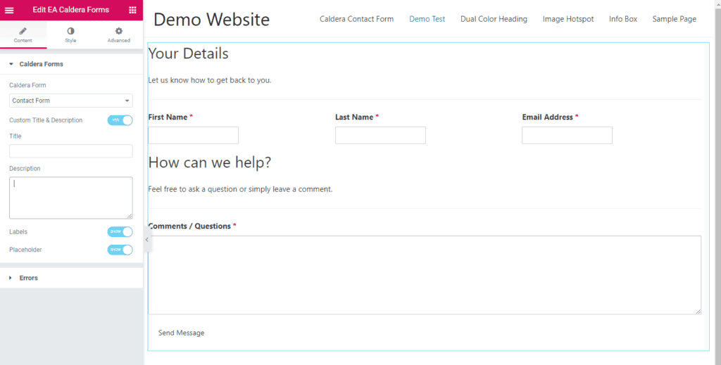Essential Addons "Content" tab for the Caldera Forms widget