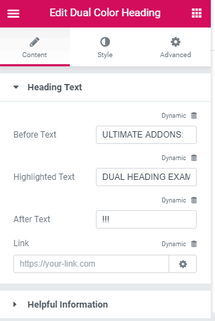 Ultimate Addons Dual Color Heading - Content Tab