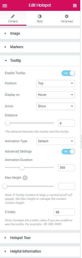 Ultimate Addons Hotspot Content Settings - Tooltip