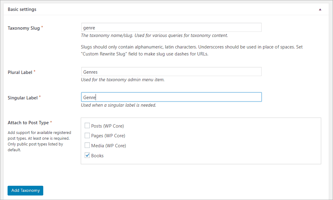 cptui taxonomy basic settings