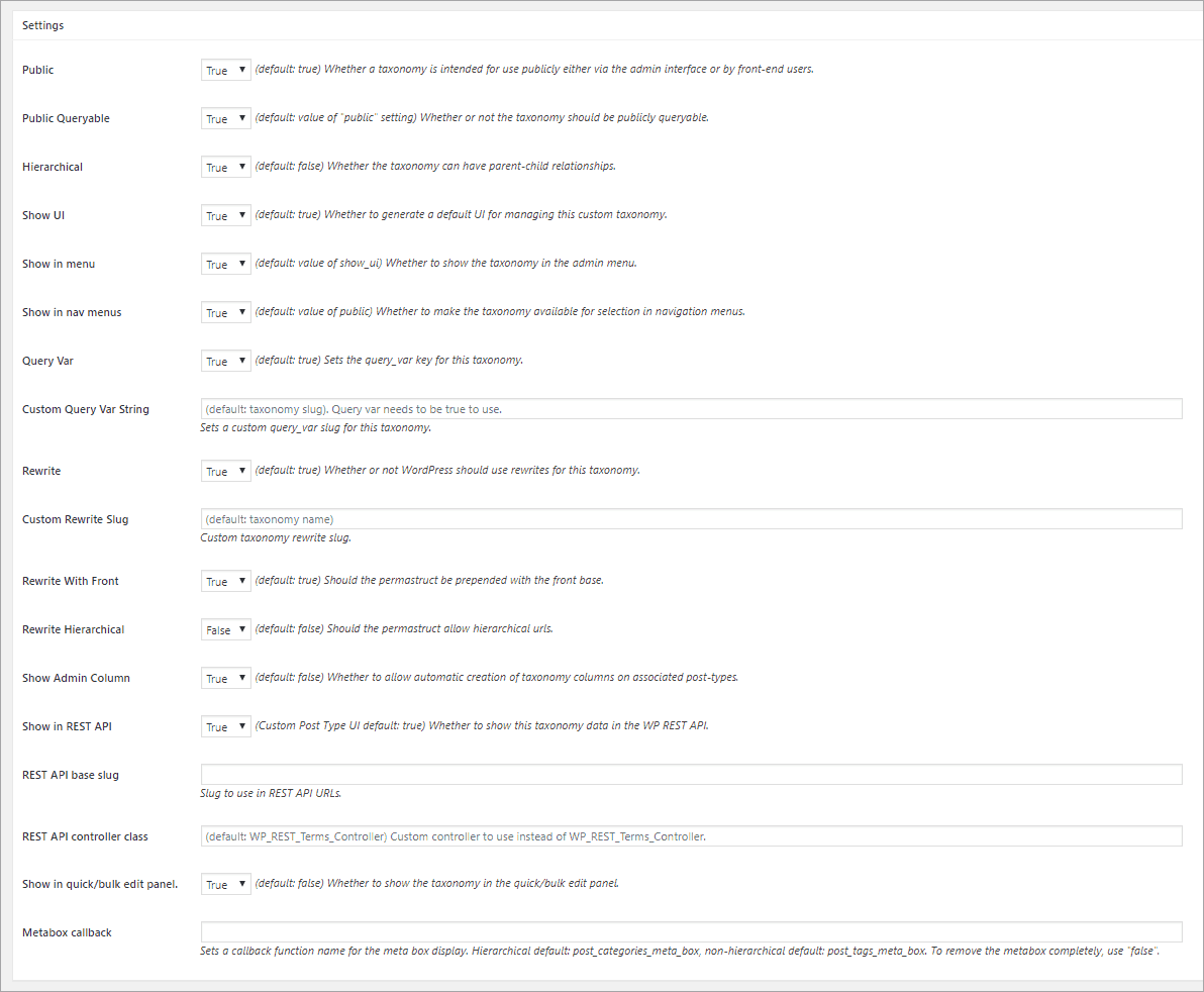 CPT UI taxonomy settings