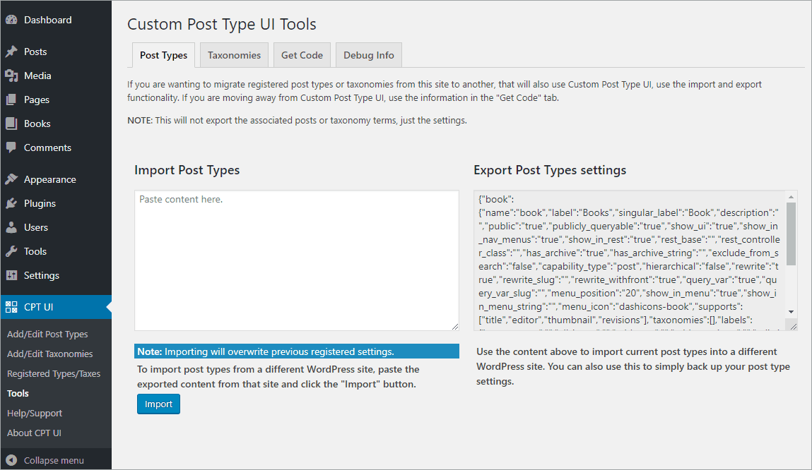 CPT UI Tools - Post Types tab