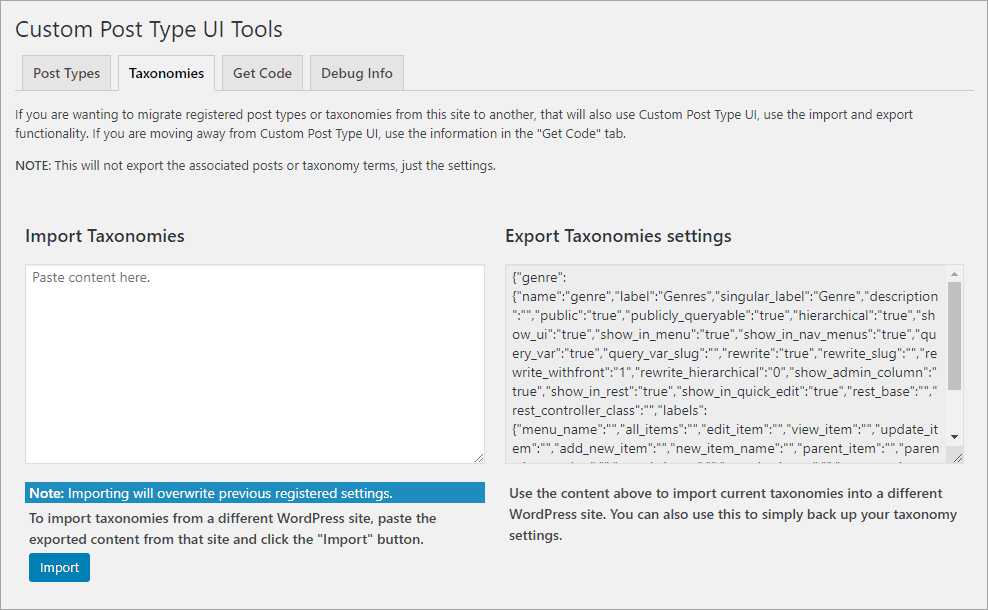 CPT UI Tools - Taxonomies tab