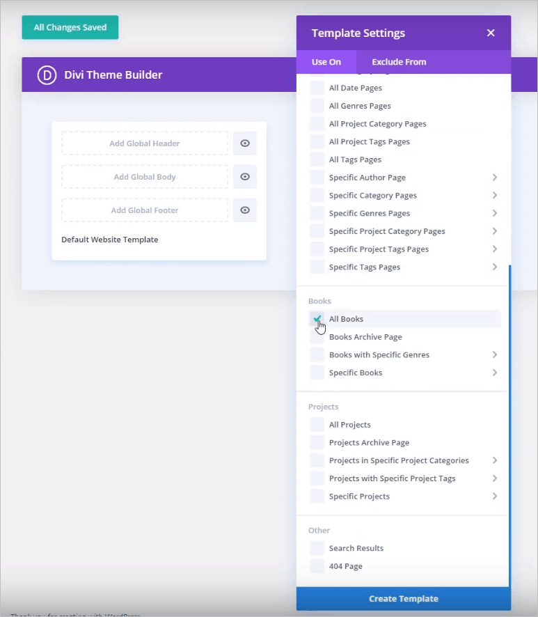 Divi select which content for the new template