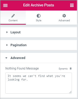 advanced section for a message if no records are found