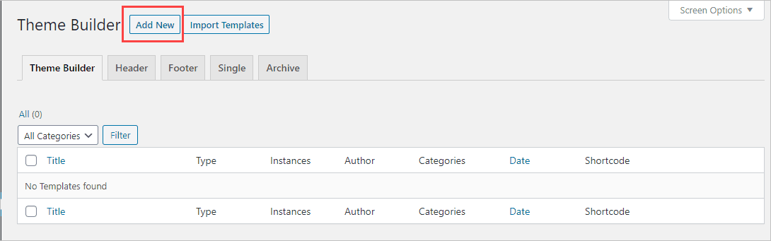 Theme Builder add new button