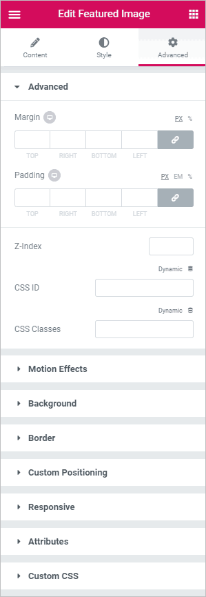 featured image advanced settings