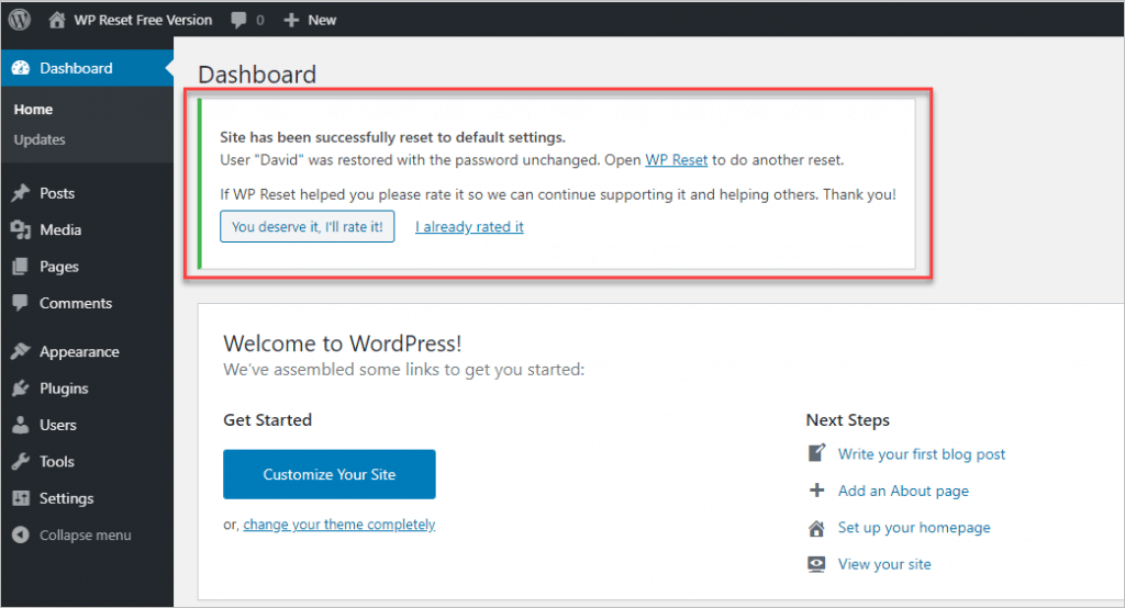 Reset Performed Notice