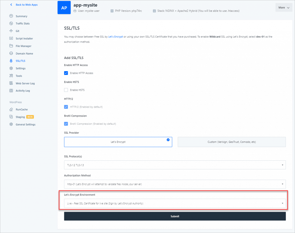 Runcloud Site Ssl Menu