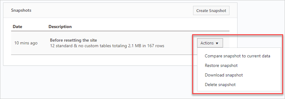 Snapshot Actions Dropdown
