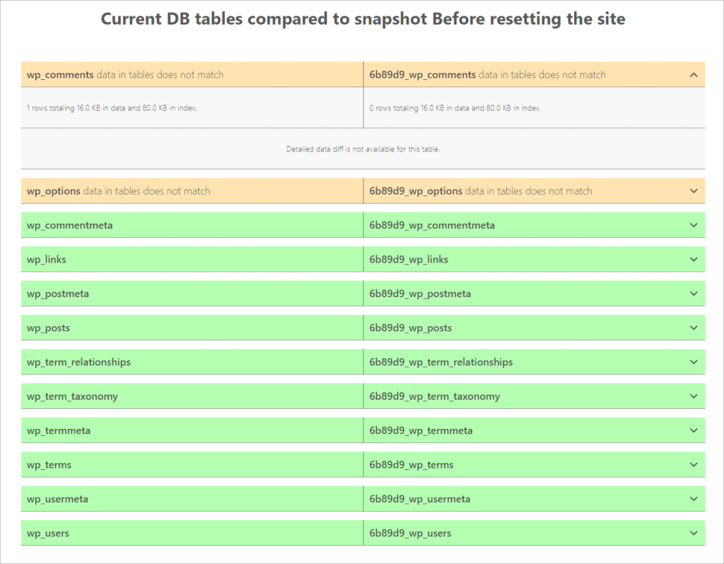 Snapshot Comparison Popup