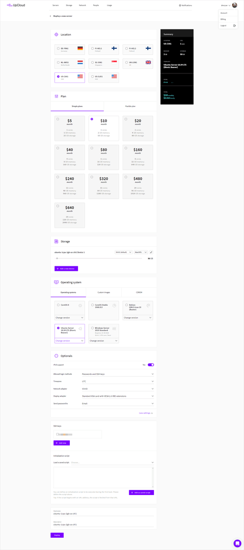 Upcloud Add Server form