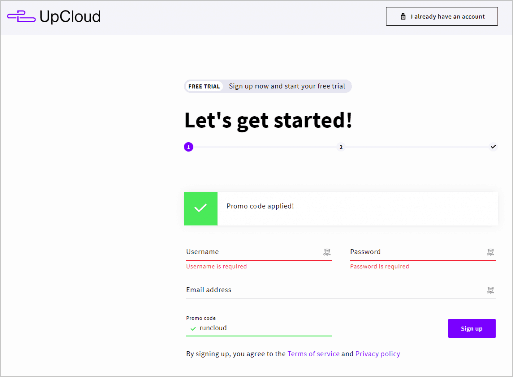 Upcloud First Signup Page