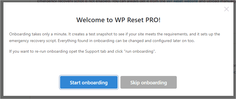 Wp Reset On-boarding Wizard