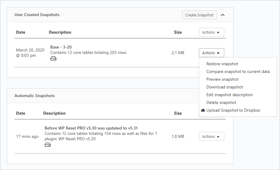 Wp Reset Pro Snapshots Drop Down Options