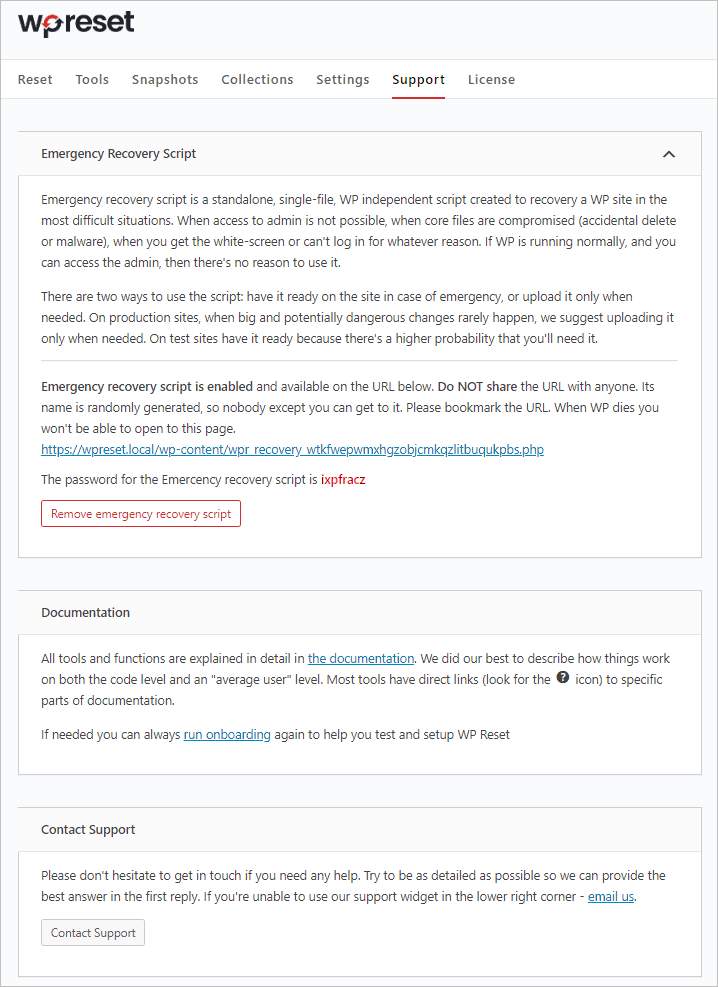 Wp Reset Pro Support Tab