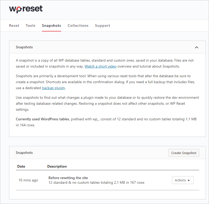 Wp Reset Snapshots Tab