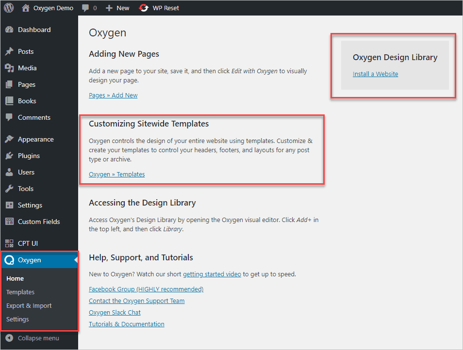 Oxygen Admin Menu
