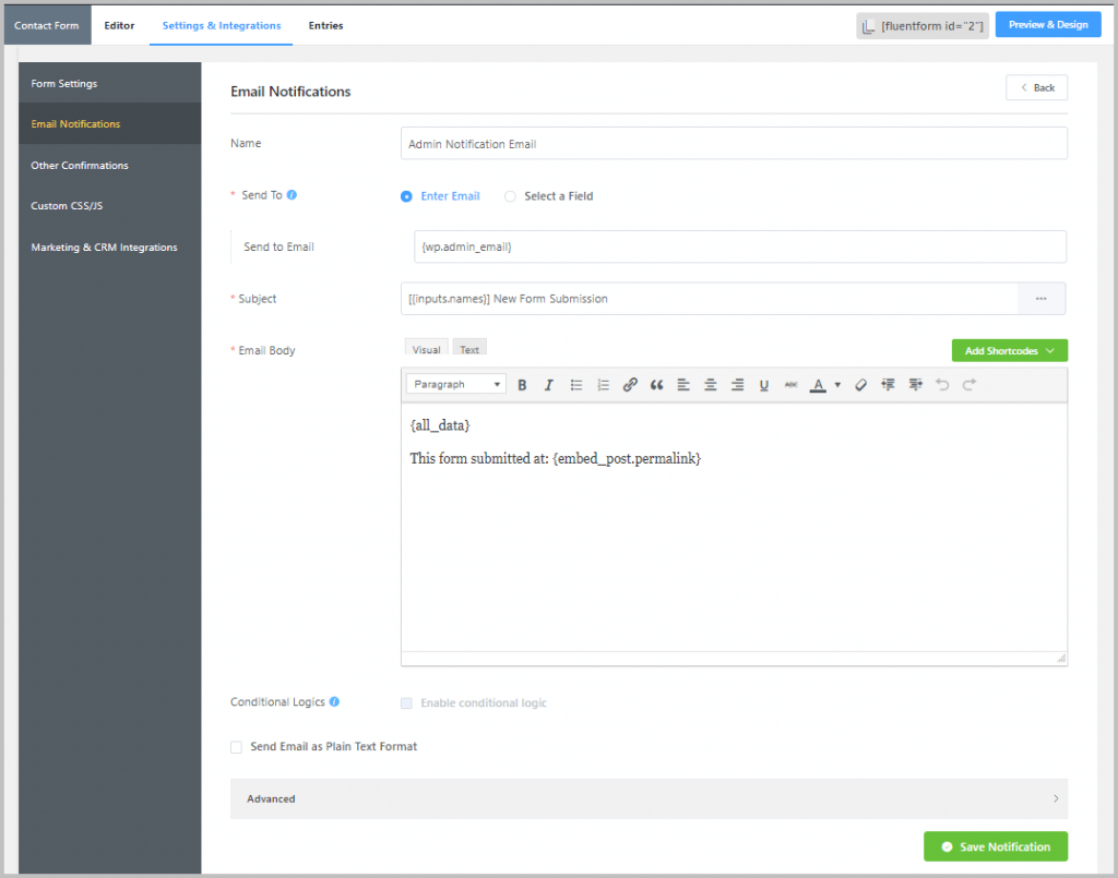 Fluent Forms Default Email