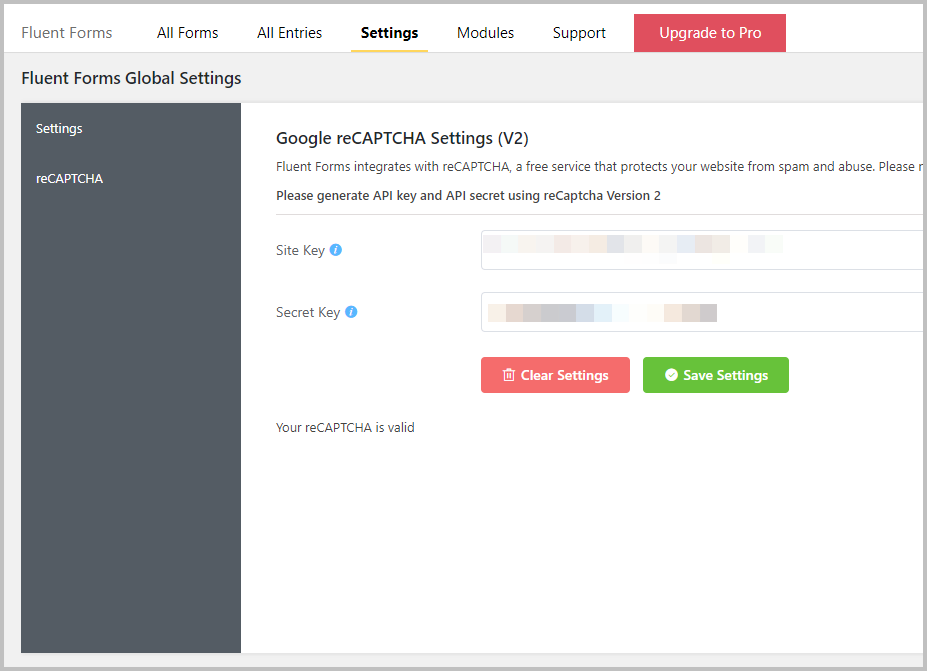 Recaptcha Settings