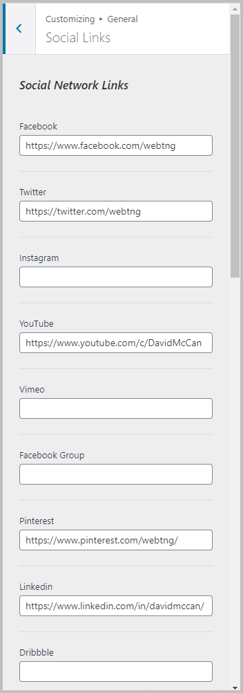 Social Links Settings