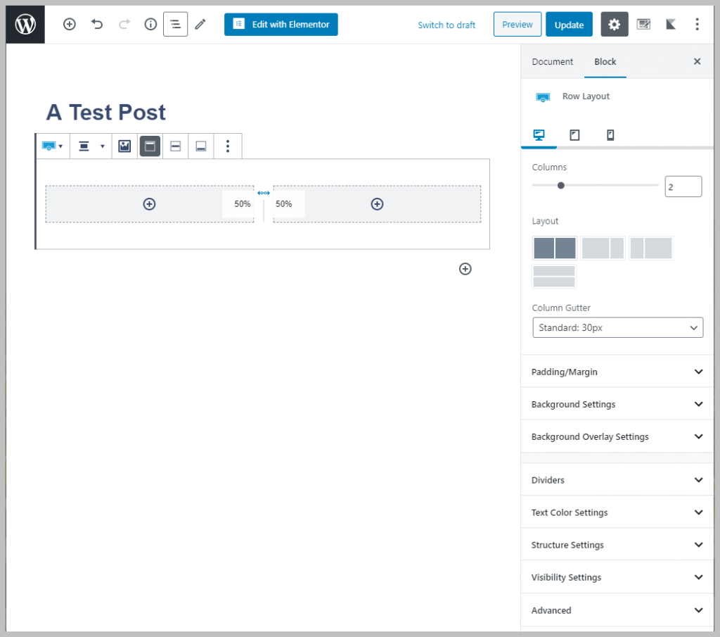 Kadence Row Layout Block Selected
