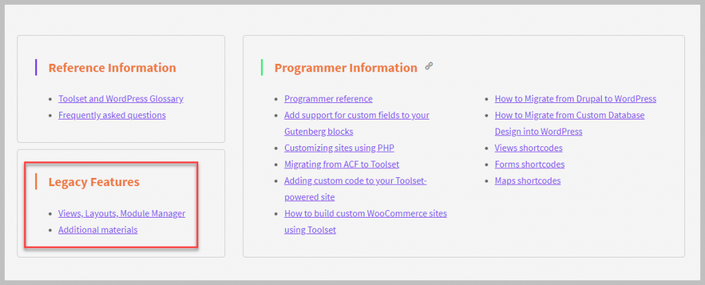 Toolset Legacy Features
