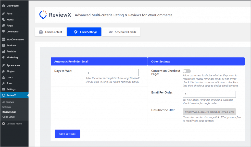 Reviewx Email Settings