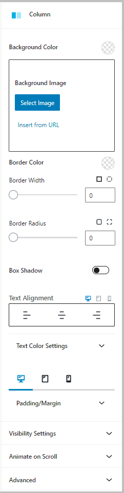 Kadence Column Settings