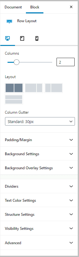 Kadence Row Layout Settings