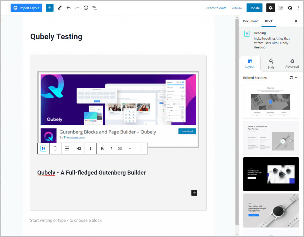Qubely Advanced Heading Layout Tab