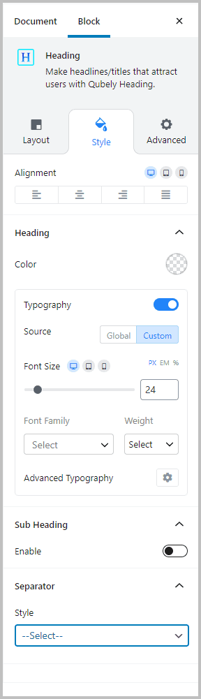 Qubely Advanced Heading Style Tab