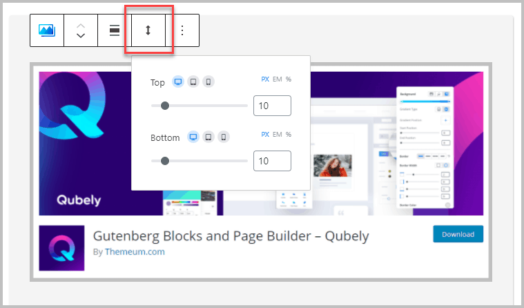 Qubely Image Spacer Button