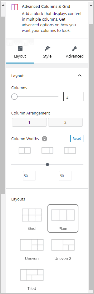 Stackable Advanced Columns Block Layout Tab