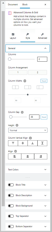 Stackable Advanced Columns Block Style Tab