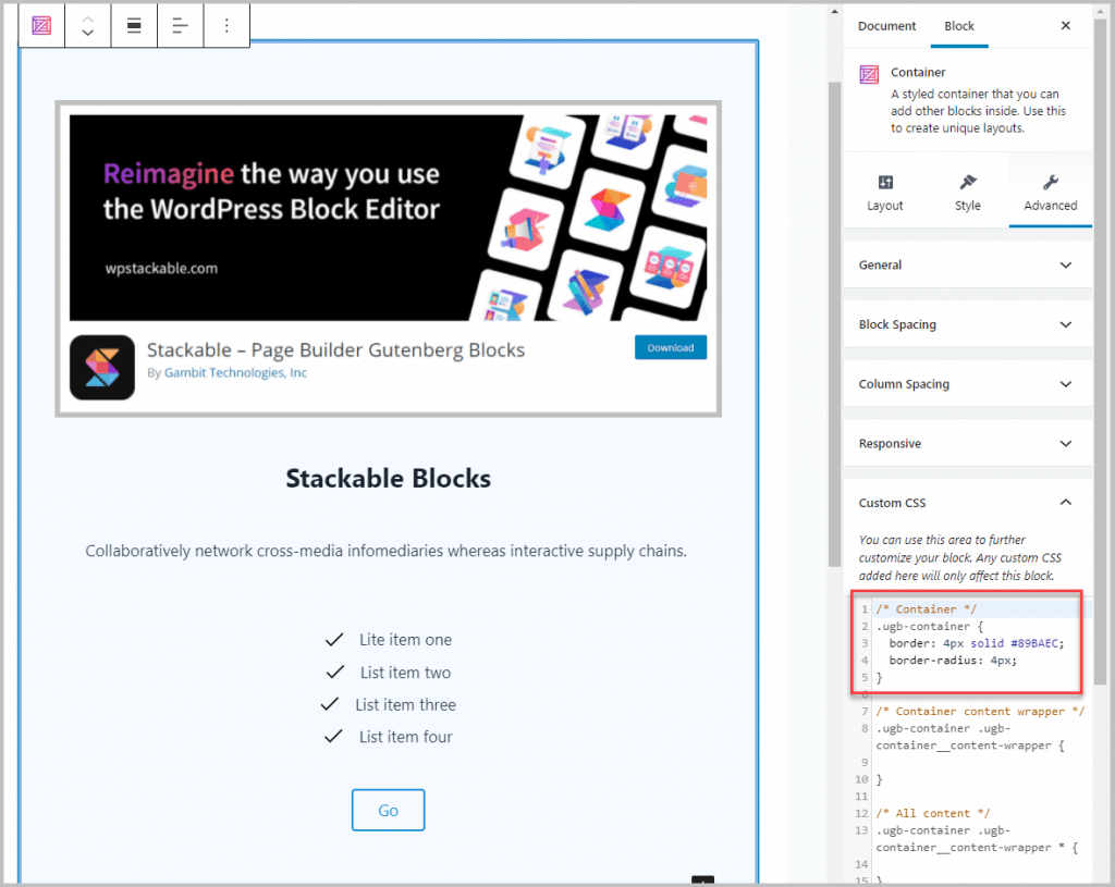 Stackable Custom Css For The Border