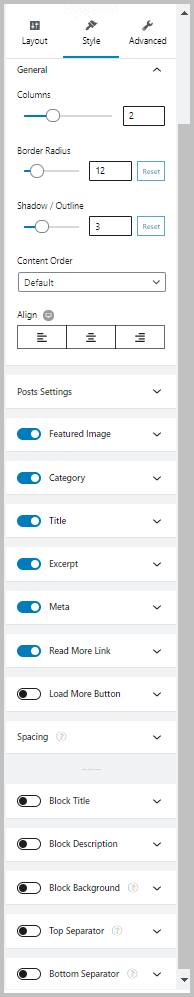 Stackable Posts Block Style Options
