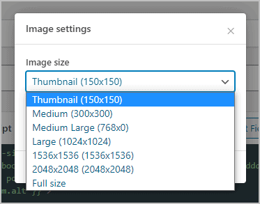 Image Size Drop Down