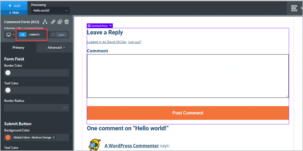 Id Of The Comments Form