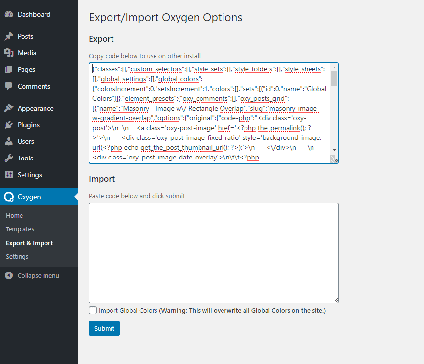 Oxygen Export Import Menu
