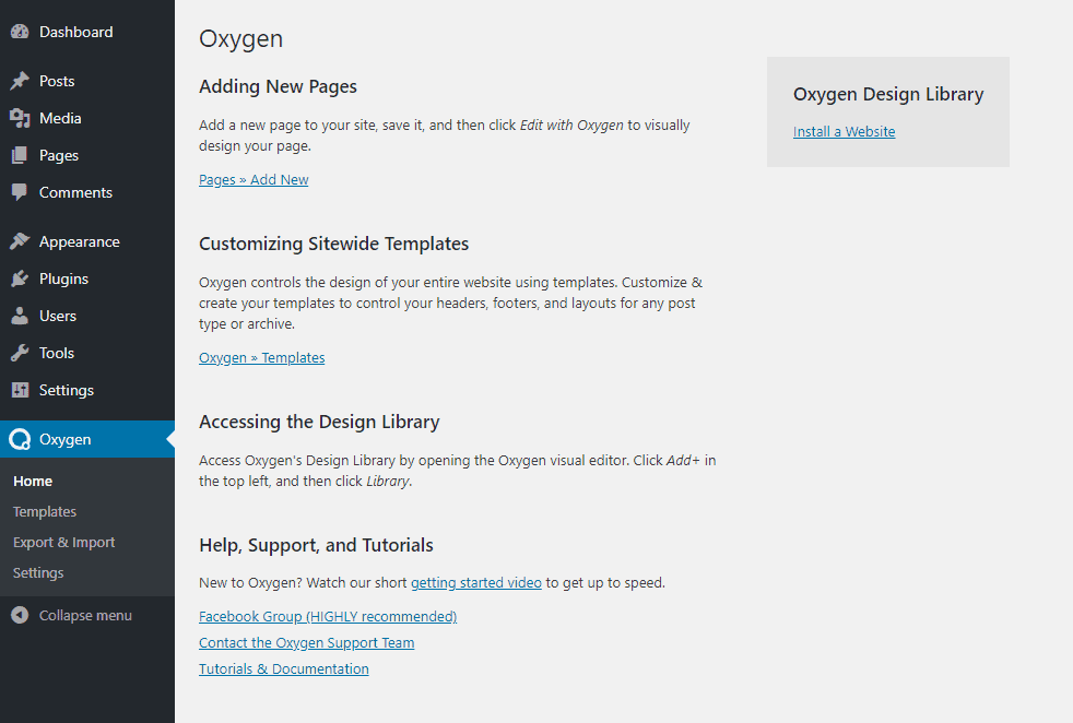 Oxygen Home Menu Page